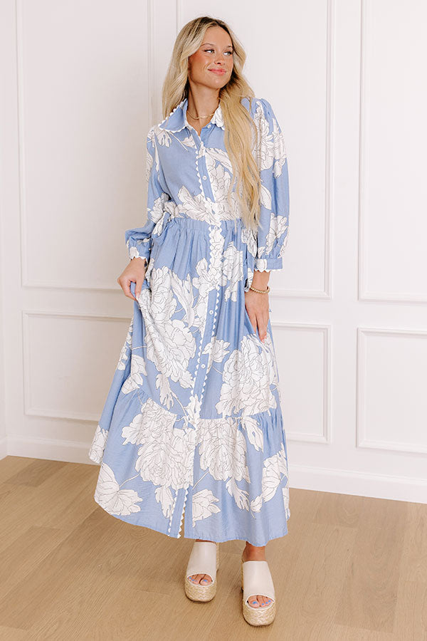 Bistro Bound Floral Midi Dress in Sky Blue