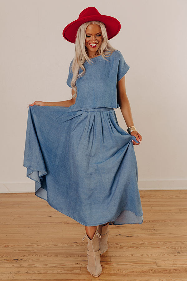 Farmers Market Stroll High Waist Chambray Midi Skirt