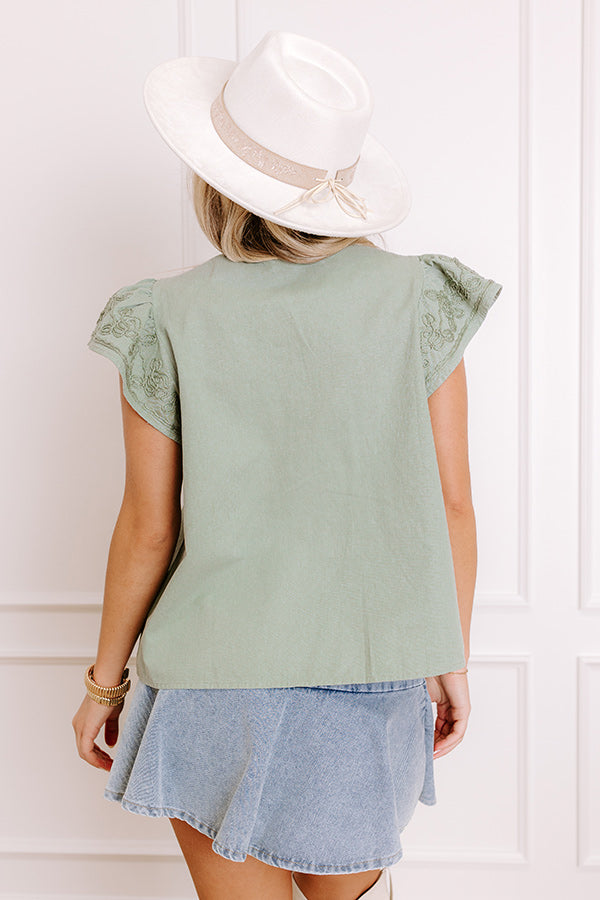 Farmers Market Cutie Embroidered Chambray Top in Sage