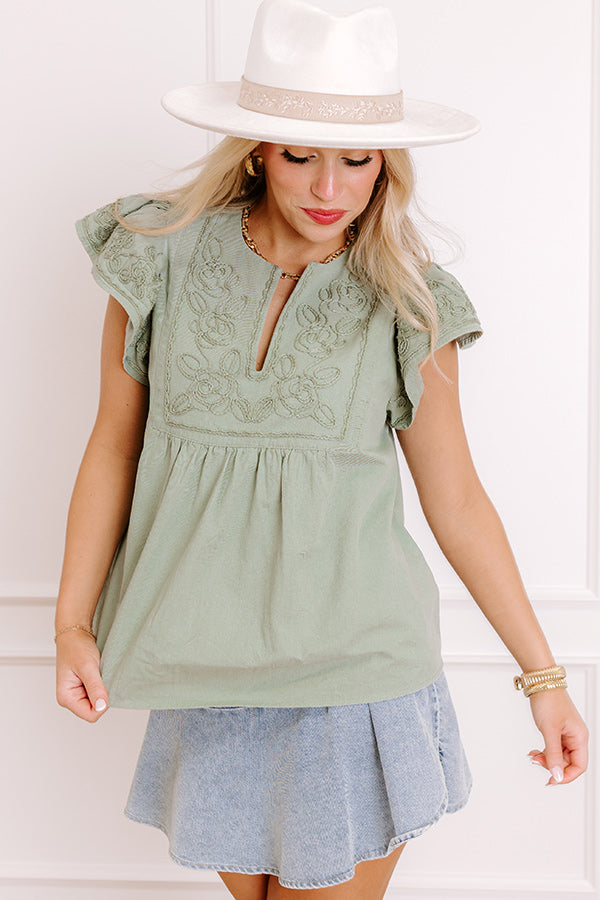 Farmers Market Cutie Embroidered Chambray Top in Sage