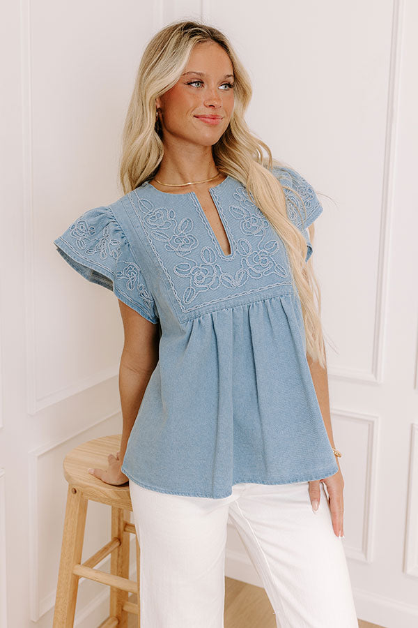 Farmers Market Cutie Embroidered Chambray Top in Light Wash