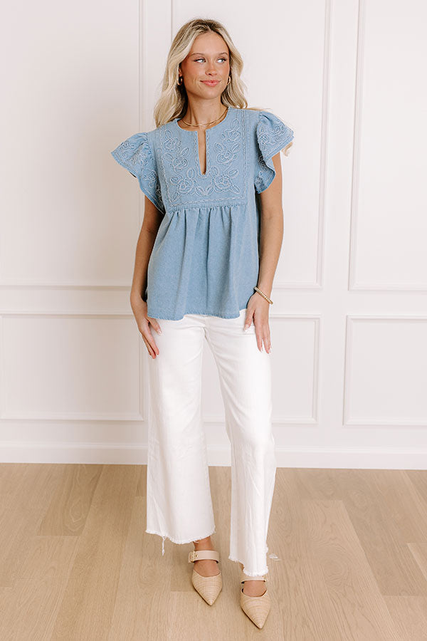 Farmers Market Cutie Embroidered Chambray Top in Light Wash