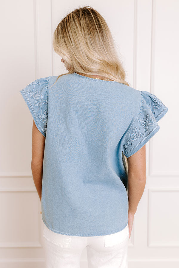 Farmers Market Cutie Embroidered Chambray Top in Light Wash