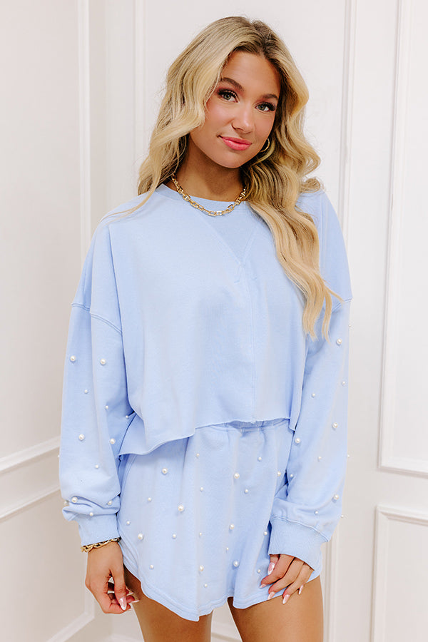 Feeling Chic Embellished Crop Sweatshirt in Baby Blue