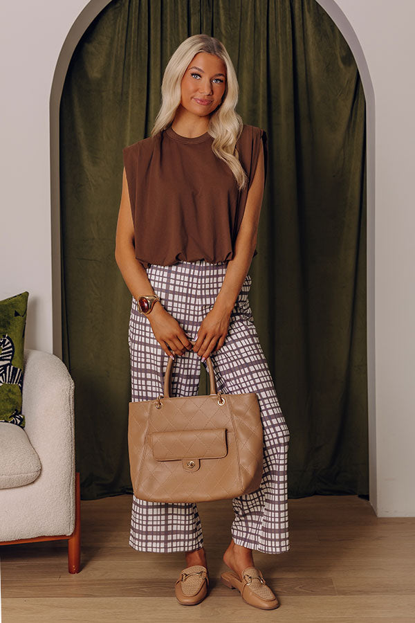The Madison High Waist Plaid Pants in Mocha Image - 1