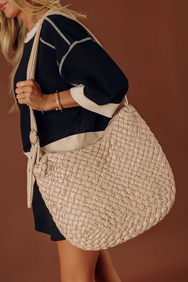 Johanna Large Woven Vegan Leather Shoulder Bag in Iced Latte