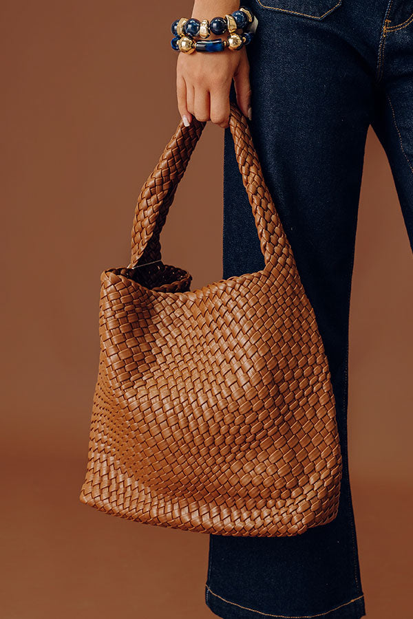 Johanna Large Woven Vegan Leather Shoulder Bag in Brown