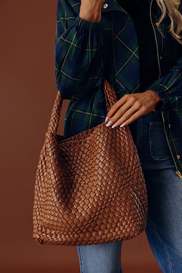 Johanna Large Woven Vegan Leather Shoulder Bag in Brown