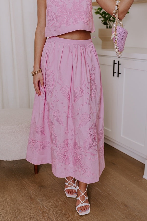 Vacay Bound High Waist Embroidered Midi Skirt in Blush