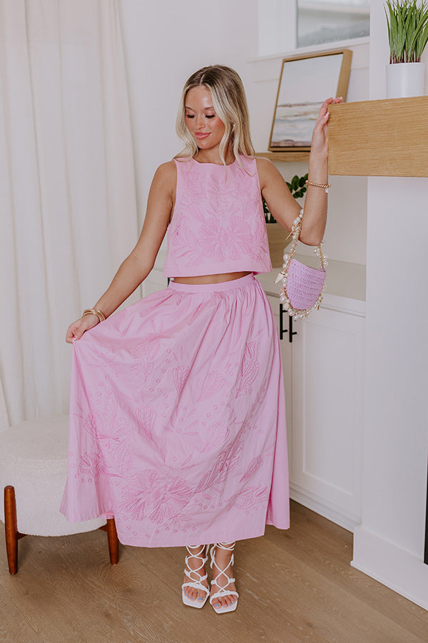 Vacay Bound High Waist Embroidered Midi Skirt in Blush