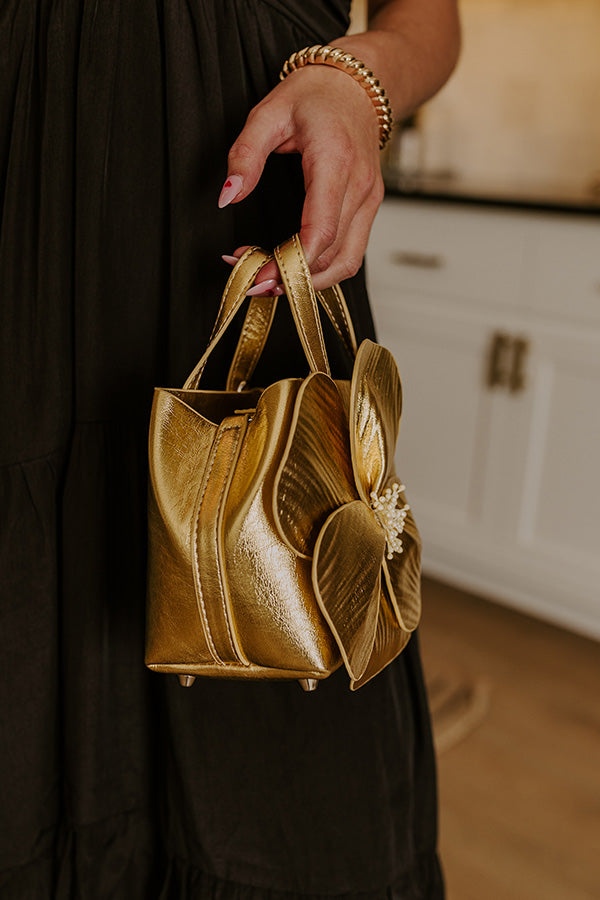 Monroe Flower Vegan Leather Top Handle Bag in Gold