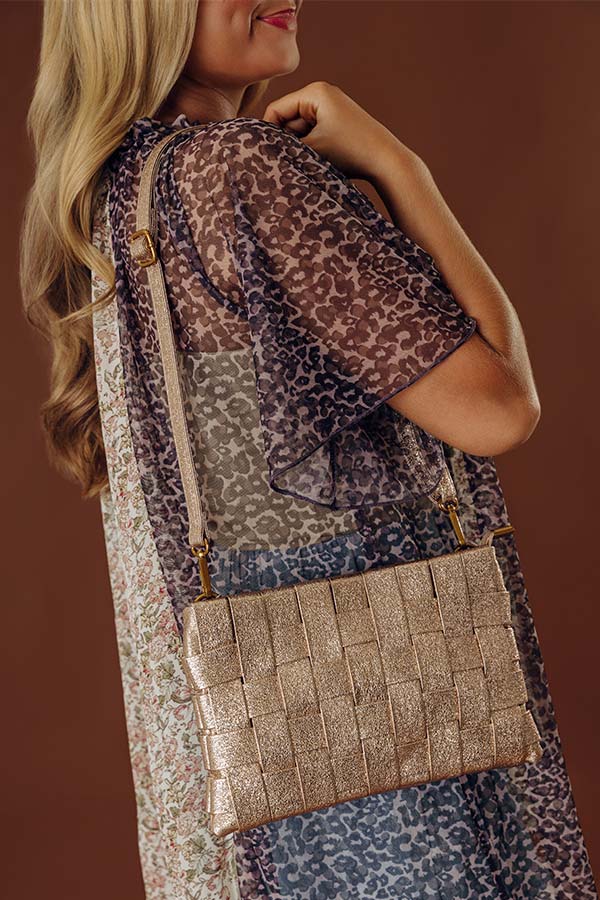 Mimie Vegan Leather Woven Crossbody Bag in Rose Gold Image - 1