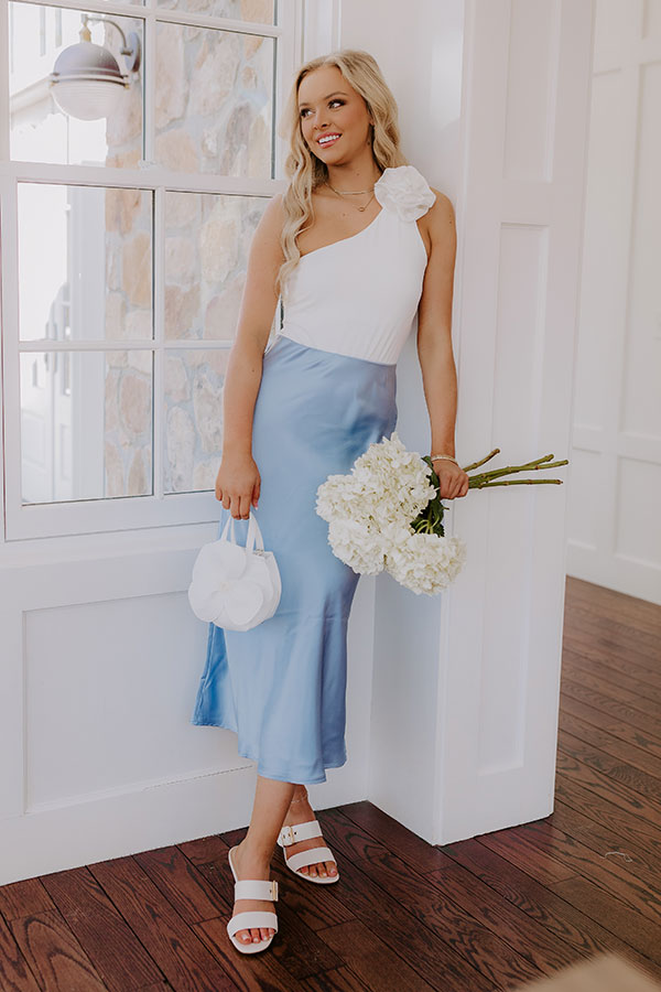 The Adeline High Waist Satin Midi Skirt in Sky Blue