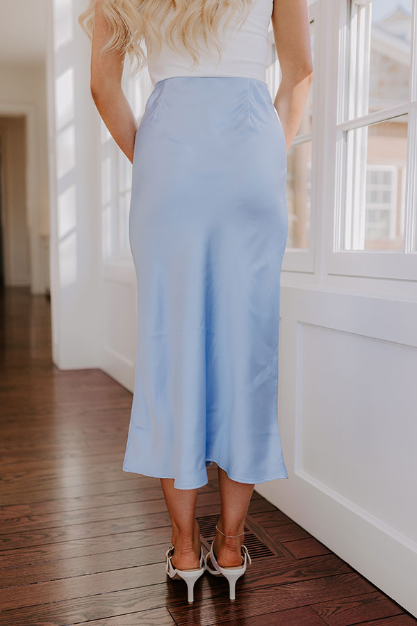 The Adeline High Waist Satin Midi Skirt in Sky Blue