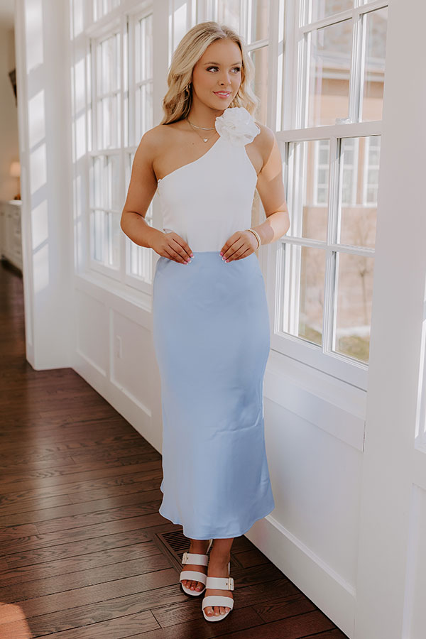 The Adeline High Waist Satin Midi Skirt in Sky Blue