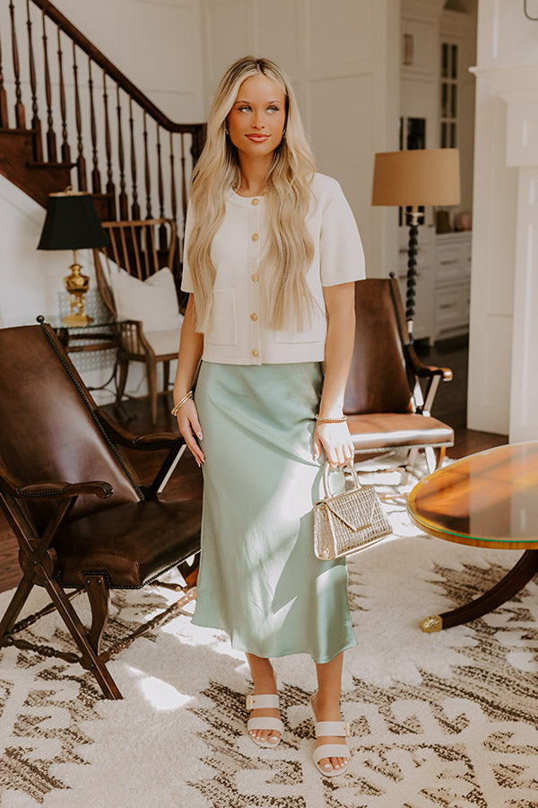 The Adeline High Waist Satin Midi Skirt in Sage