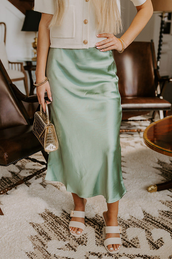 The Adeline High Waist Satin Midi Skirt in Sage