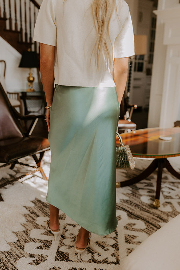 The Adeline High Waist Satin Midi Skirt in Sage