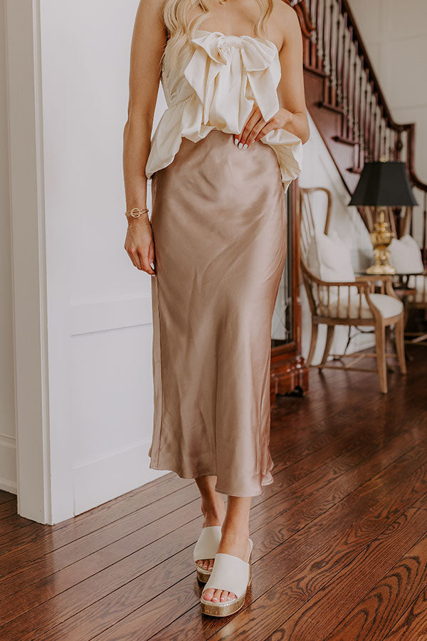 The Adeline High Waist Satin Midi Skirt in Taupe