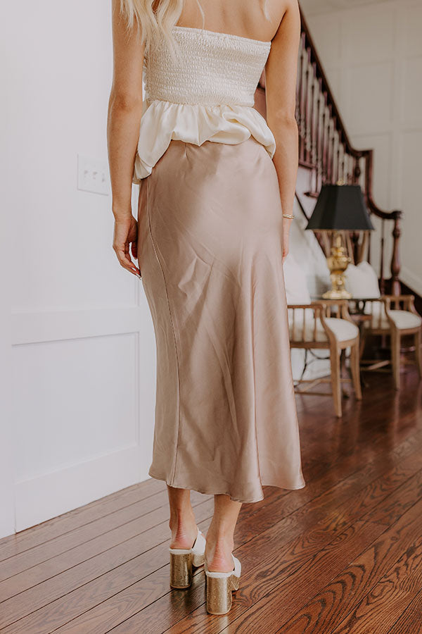 The Adeline High Waist Satin Midi Skirt in Taupe