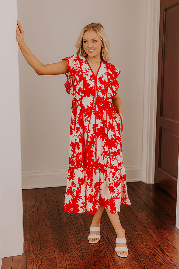 red midi dress with white flowers Honey And Hibiscus Floral Midi Dress M / red