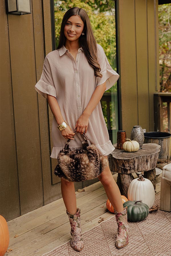 Social Club Chic Pleated Mini Dress in Warm Taupe Image - 1