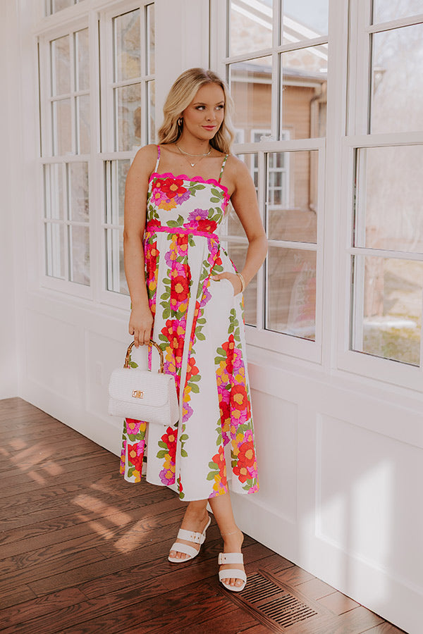 floral midi dress boutique Brunch Date Mixed Media Floral Tiered Midi Dress - Pink Multi