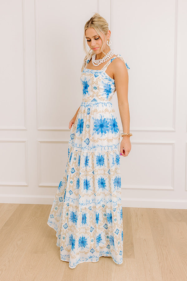 Garden Gala Floral Maxi Dress in Blue denim light wash The Katherine Denim Sandal in Light Wash 