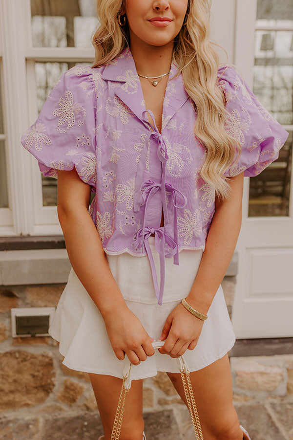 Boho Moment Eyelet Front Tie Top in Lavender   