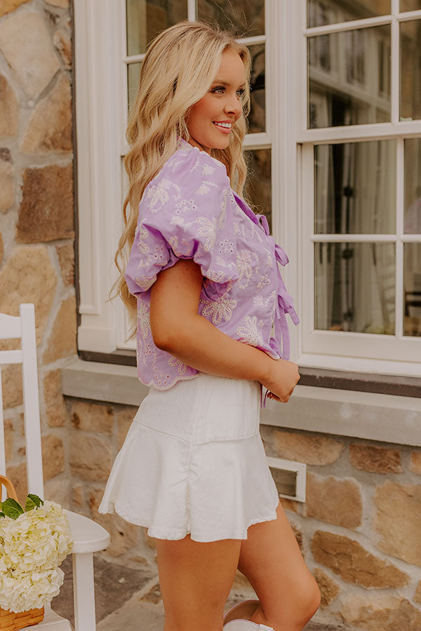 Boho Moment Eyelet Front Tie Top in Lavender