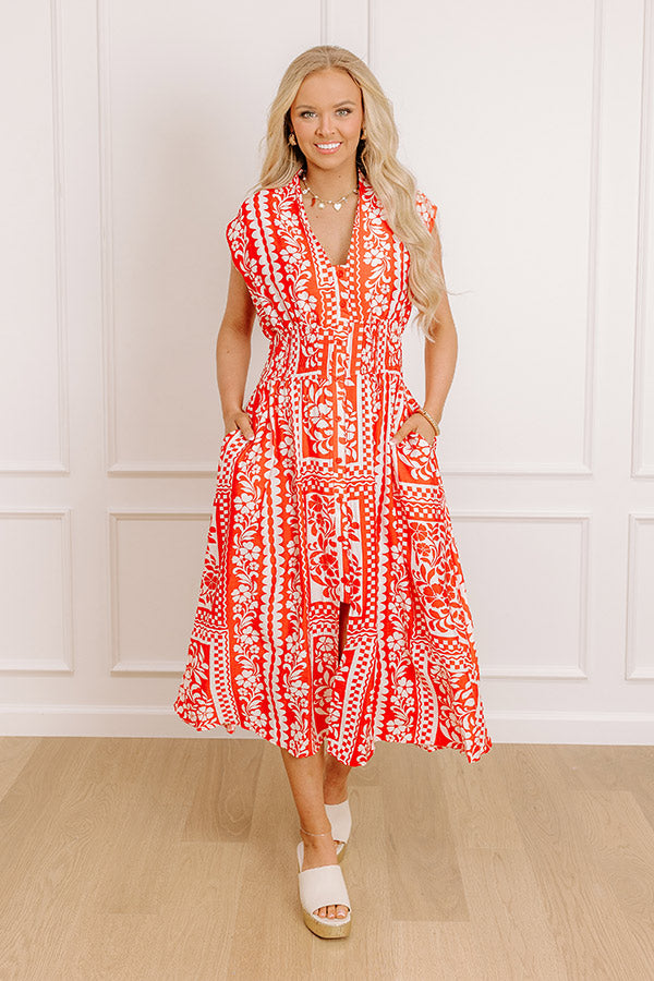 Hawaii Holiday Floral Midi Dress in Red denim medium wash Risen The Utah High Waist Straight Leg Jean 