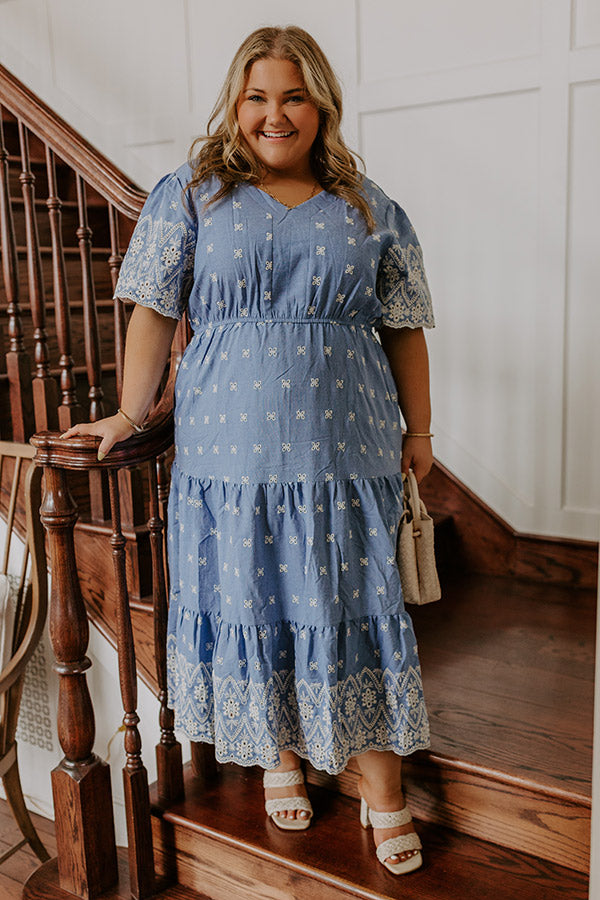 Sunday Brunch Floral Embroidered Midi Dress Curves 2XL / blue Sunday Brunch Floral Embroidered Midi Dress Curves 2XL / blue