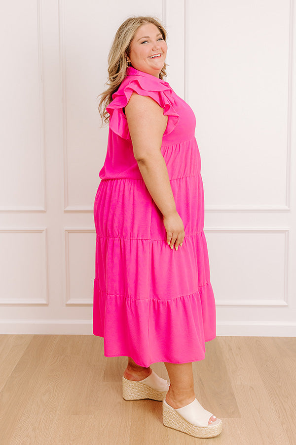 Sunny Spritzer Tiered Midi Dress in Hot Pink Curves