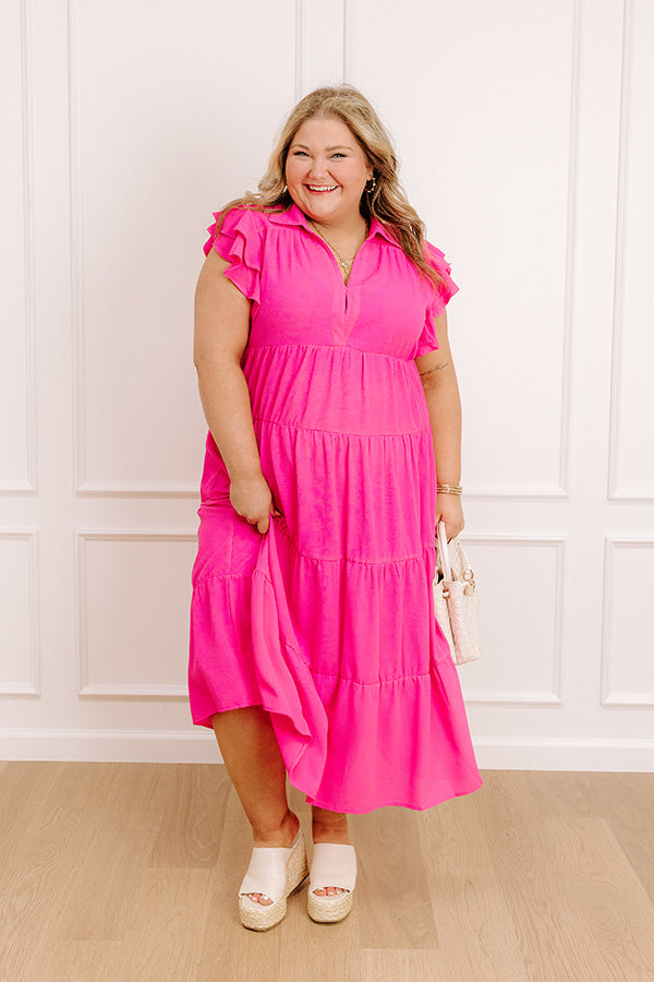 Sunny Spritzer Tiered Midi Dress in Hot Pink Curves