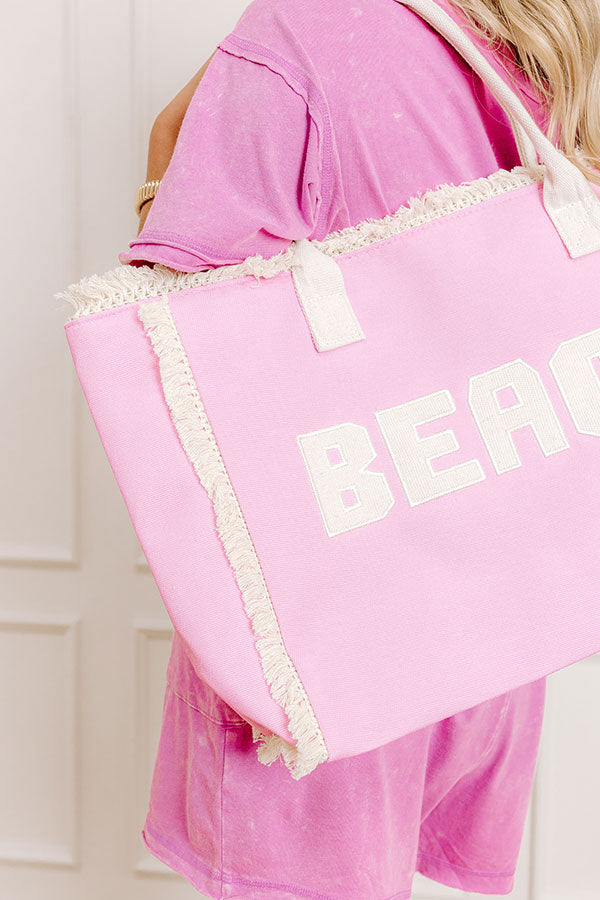 Beach Embroidered Canvas Tote in Pink