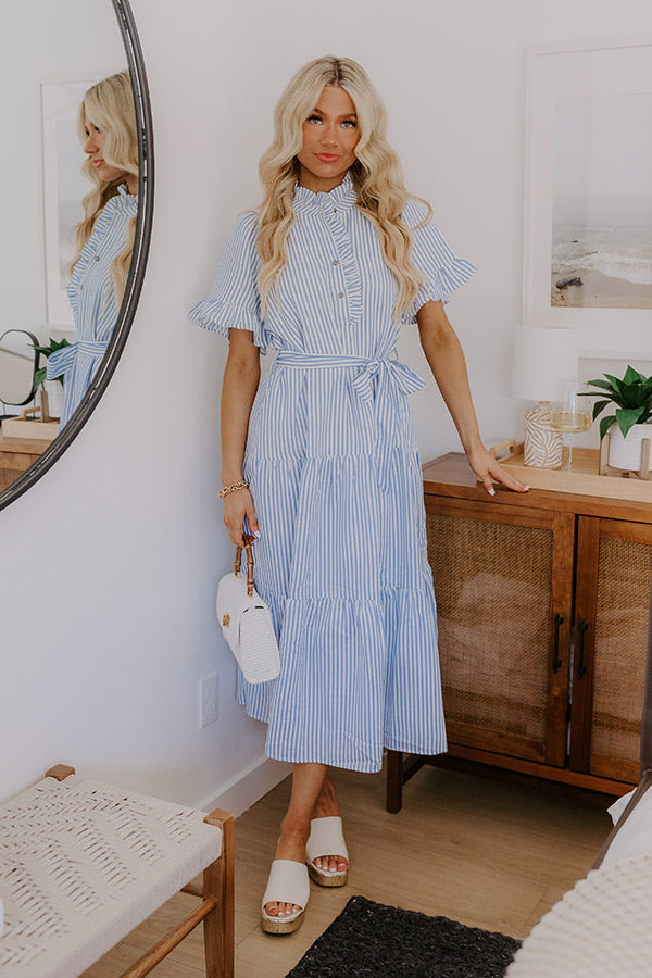 Sweet Energy Stripe Midi Dress in Sky Blue white Garden Glam Earrings in White 