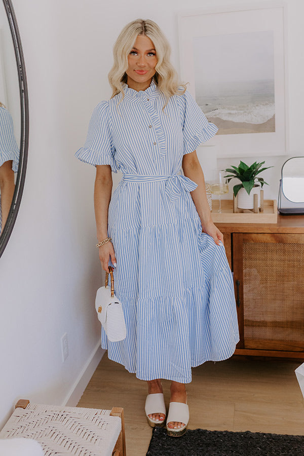 Sweet Energy Stripe Midi Dress in Sky Blue green Catalina Coastline Layered Necklace in Abalone Shell 