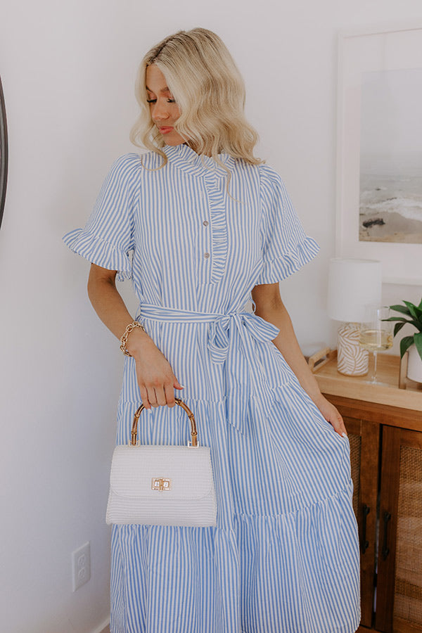 Sweet Energy Stripe Midi Dress in Sky Blue white Garden Glam Earrings in White 