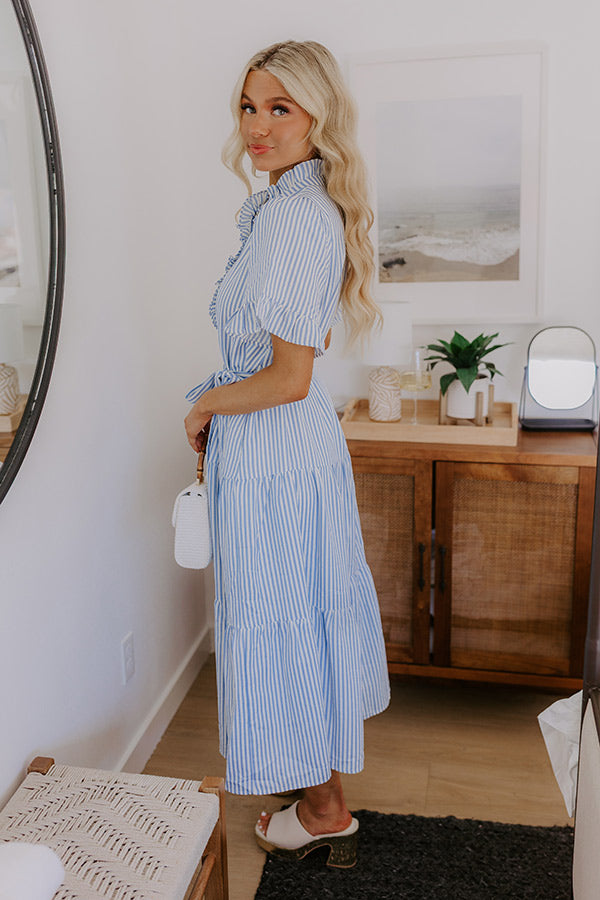 Sweet Energy Stripe Midi Dress in Sky Blue pink Pretty Petals Drop Earrings in Pink 