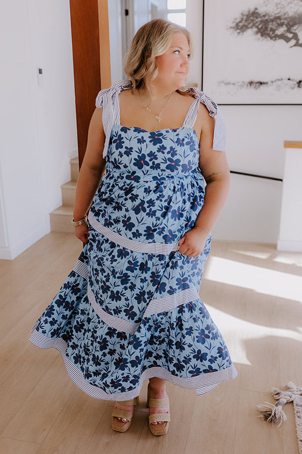 Stroll Through The Park Floral Maxi Dress in Sky Blue Curves white Garden Glam Earrings in White 