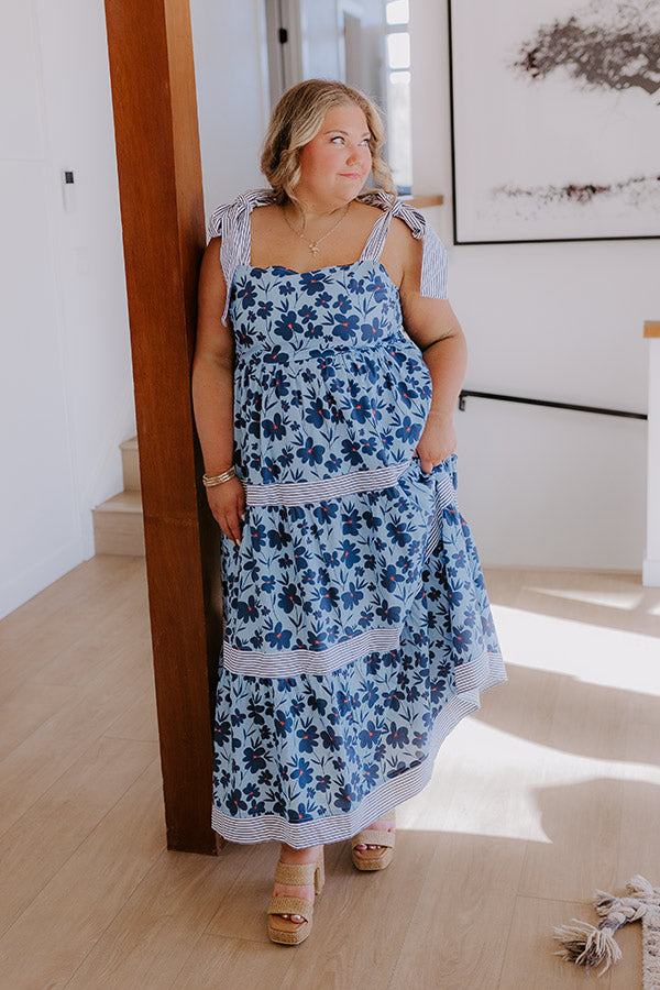 Stroll Through The Park Floral Maxi Dress in Sky Blue Curves white Garden Glam Earrings in White 