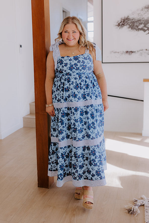 Stroll Through The Park Floral Maxi Dress in Sky Blue Curves green Catalina Coastline Layered Necklace in Abalone Shell 