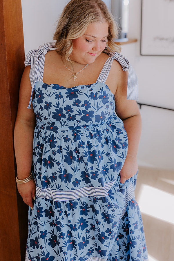 Stroll Through The Park Floral Maxi Dress in Sky Blue Curves pink Pretty Petals Drop Earrings in Pink 