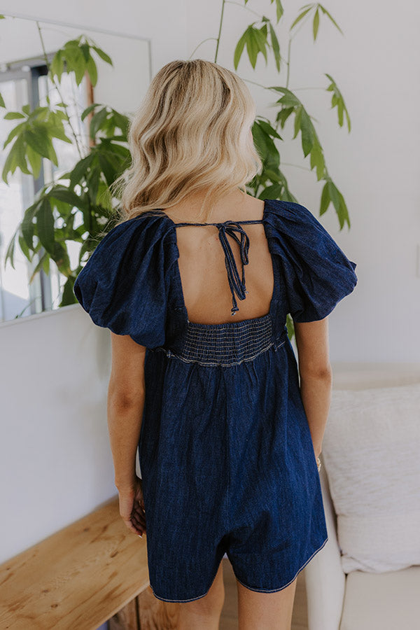 Bistro Cutie Denim Romper in Dark Wash   