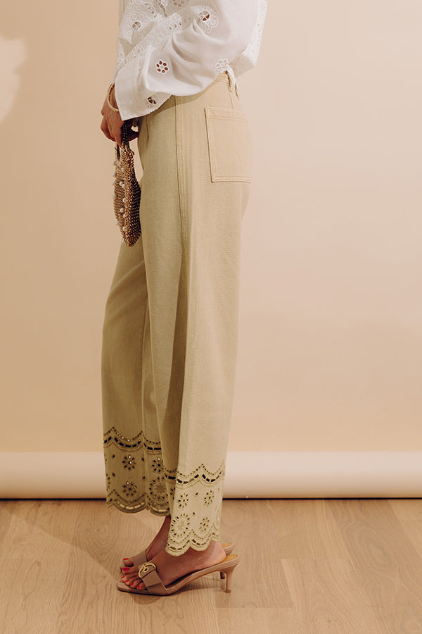 The Clara High Waist Wide Leg Eyelet Jean in Light Martini Olive Image - 3