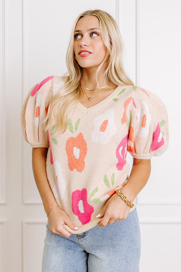 Flower Power Knit Sweater Top in Beige Image 2