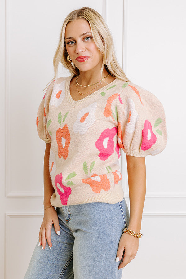 Flower Power Knit Sweater Top in Beige Image 3