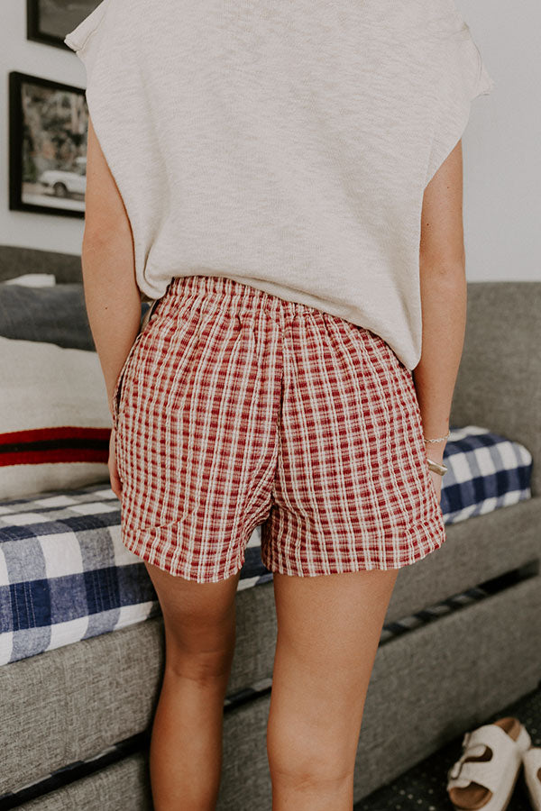 Picnic Ready Midrise Gingham Shorts in Wine Image 5