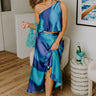 Moonlit Lagoon High Waist Satin Midi Skirt in Blue Image 1