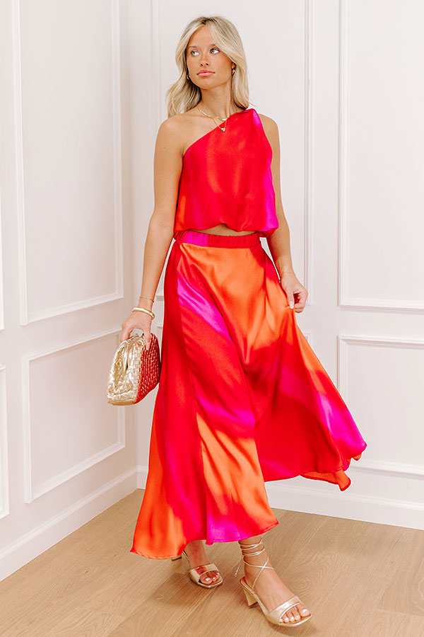 Moonlit Lagoon High Waist Satin Midi Skirt in Red Image 1